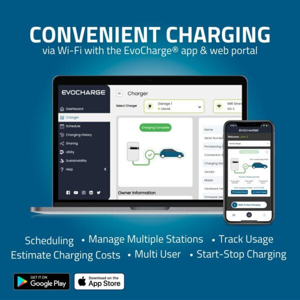 Signage stating charging is convenient via Wi-Fi with the EvoCharge app and web portal.