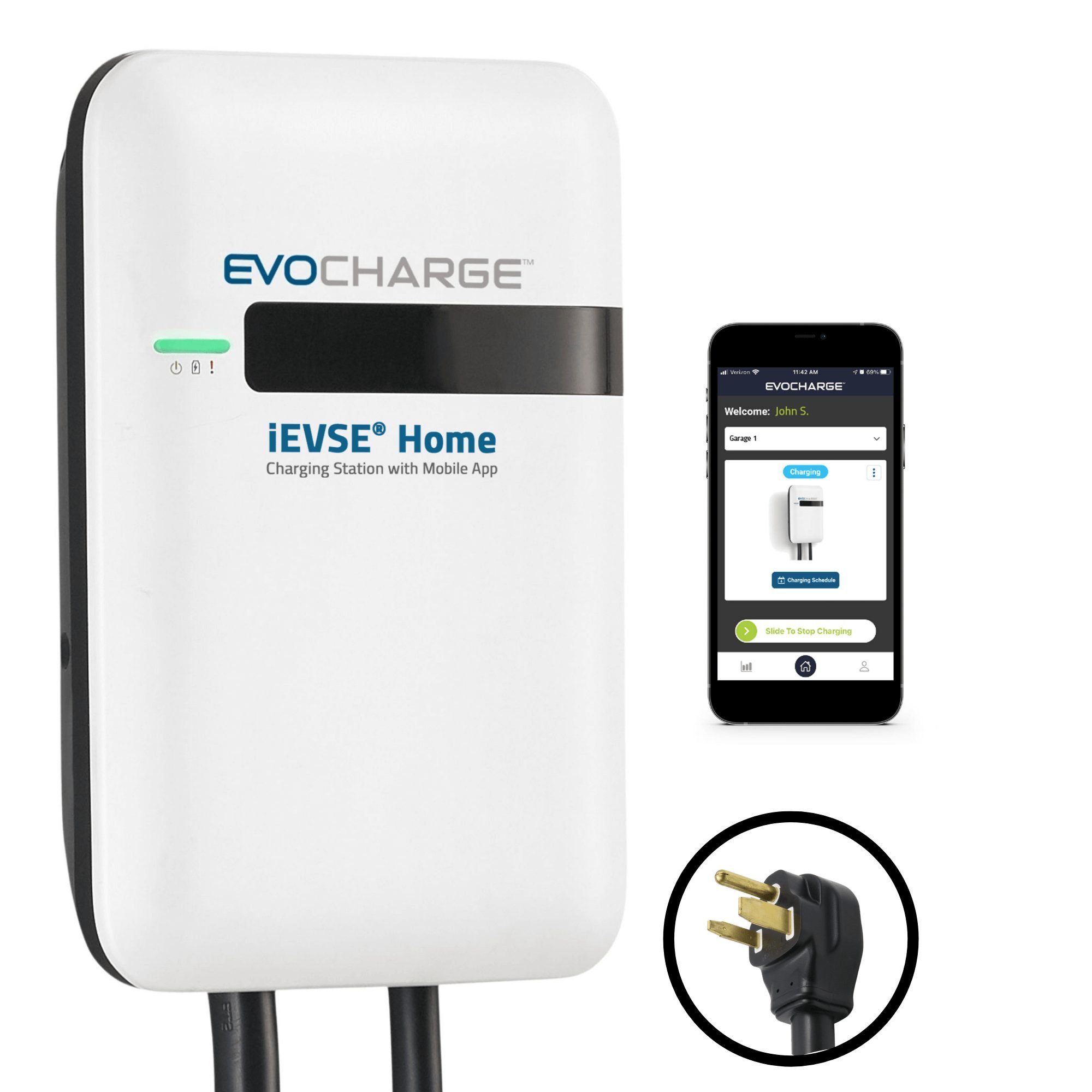 A close-up of an EvoCharge station on a white background. The graphic also includes a smartphone showing the charging app.