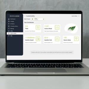 Laptop on a table showing EvoCharge dashboard.