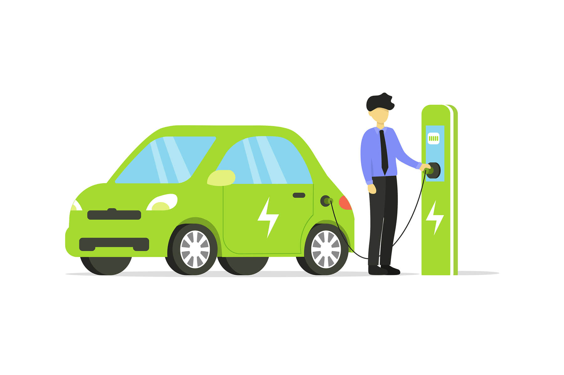 An animated icon of a man charging a green car at an electric charging station