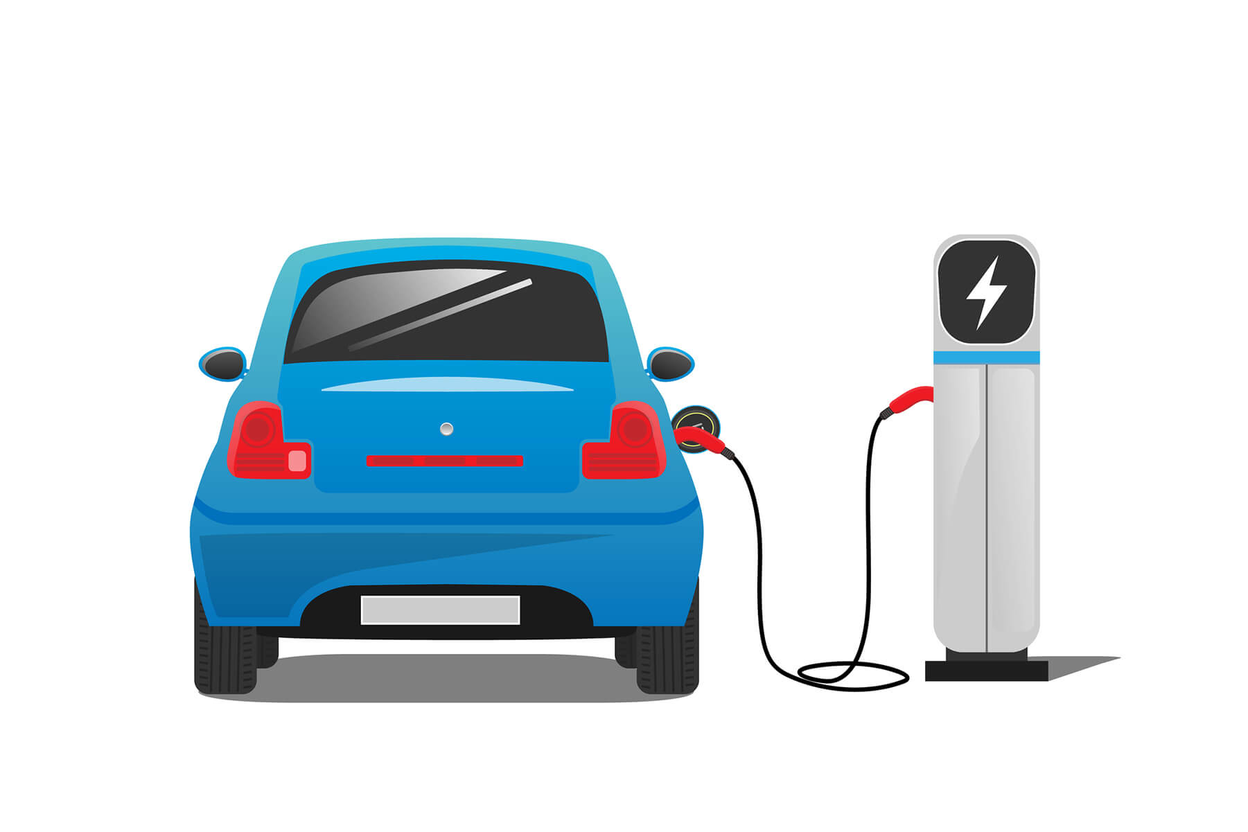 An animated icon of a blue car charging at an electric charging station