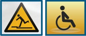 Two hazard icons, the first one of someone slipping and the second of someone in a wheelchair 