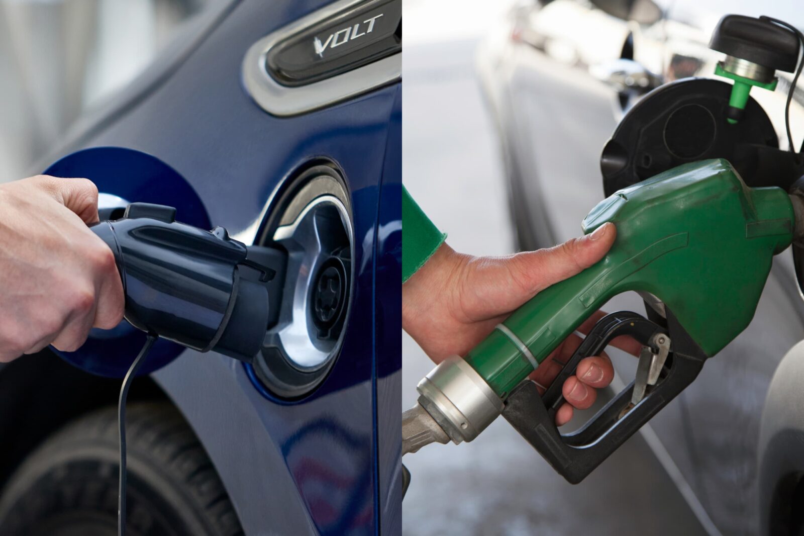 Split image of someone charging their EV while another person pumps diesel fuel into a vehicle.