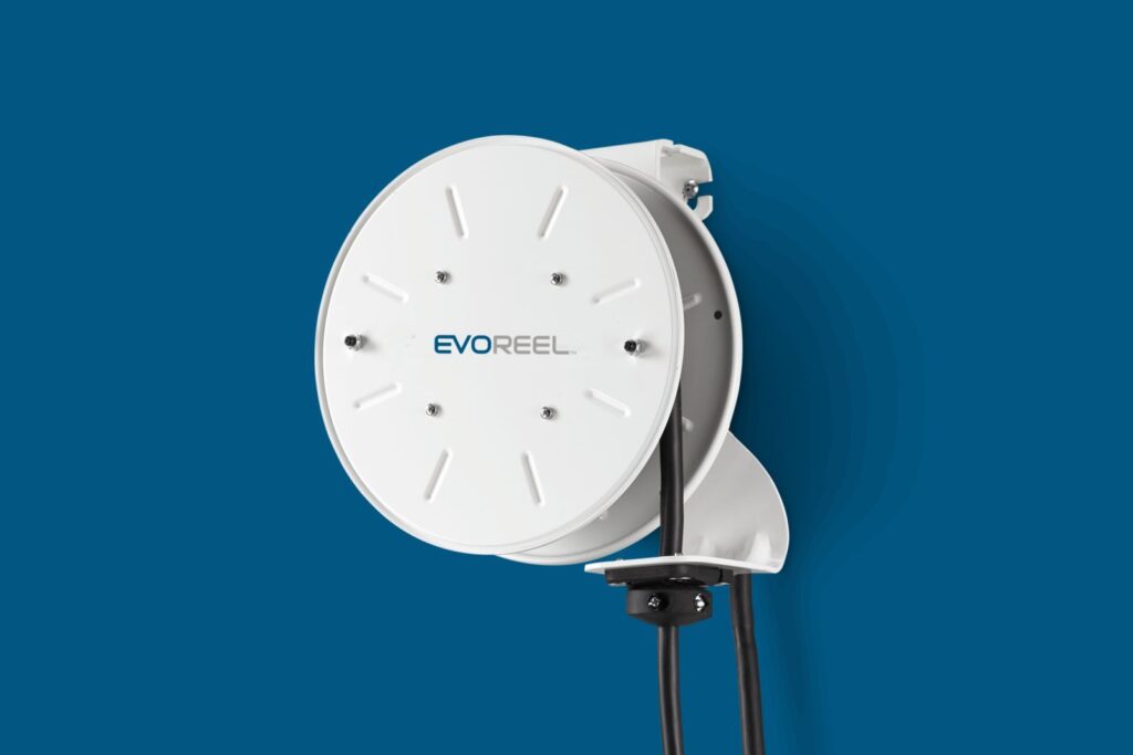EvoCharge's EvoReel, which automatically retracts the charging cord onto the reel when not in use.