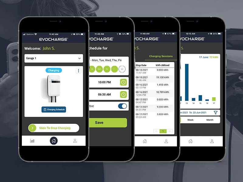The iEVSE Home App, as seen on smartphone screens, is available on iPhone and Android devices.
