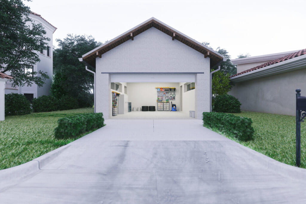 The front of a garage with an open door and a clean interior.