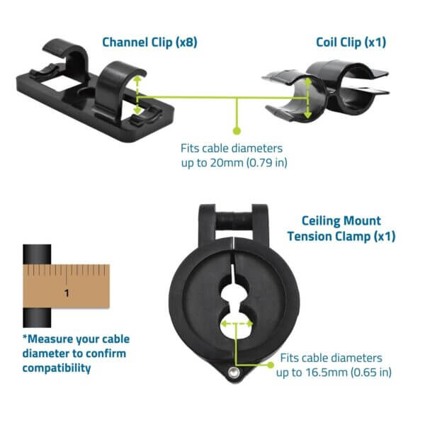 Graphics showing channel clips and coil clips. A graphic of the ceiling mount tension clamp. Text: Measure your cable diameter to confirm compatibility.